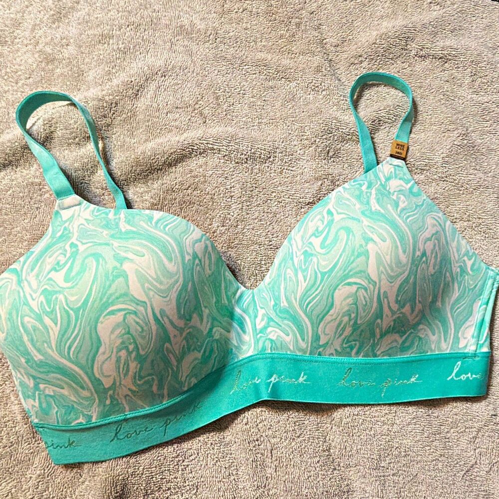 PINK Victoria's Secret Wireless Lightly Lined Bra Marbled 38D Green/White